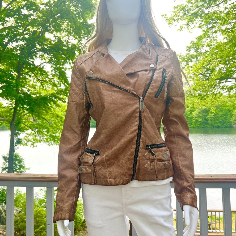 Miss Sixty Brown Leather Moto Jacket Medium Indie Sleaze Grunge Y2K Rockstar GF